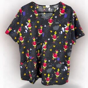 Dr Seuss Scrub Top Size 2XL Black Stretch Vneck Grinch Christmas Holiday